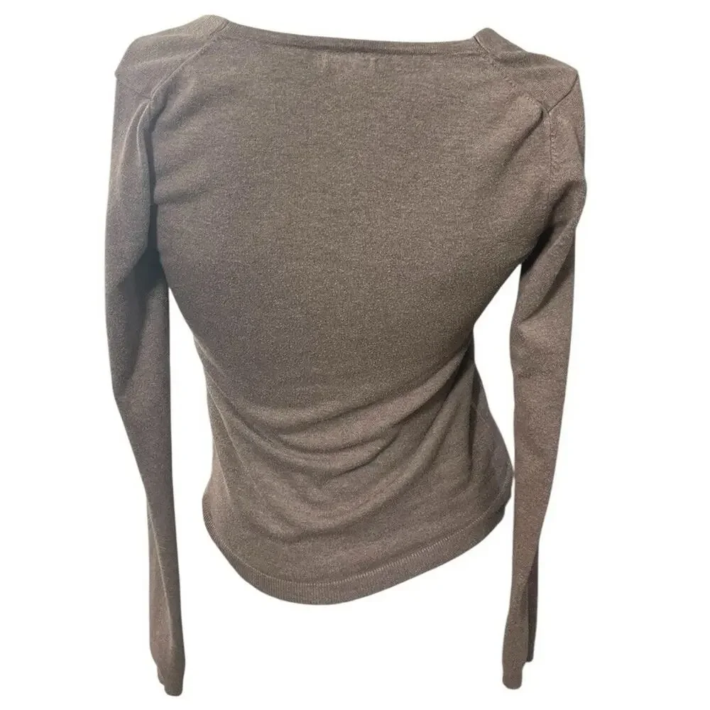 Express Women’s V-neck Long Sleeve Beige Sweater Ruched Small Brown Classic